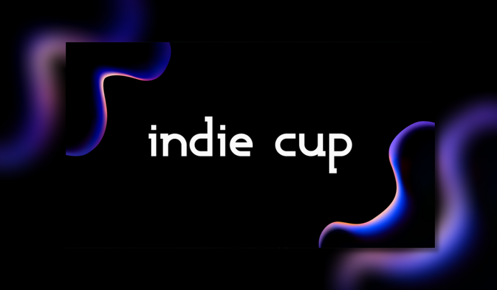 Black background with blue and purple wisps in the corners. Text reads indie cup