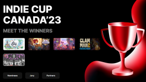 Black background with a red trophy in the bottom right hand corner. Text reads: Indie Cup Canada'23 - Meet The WinnersThen shows 5 thumbnails of games. In order they are: Ete, Lil Guardsman, Spirit City, Clam Man 2, and Worship