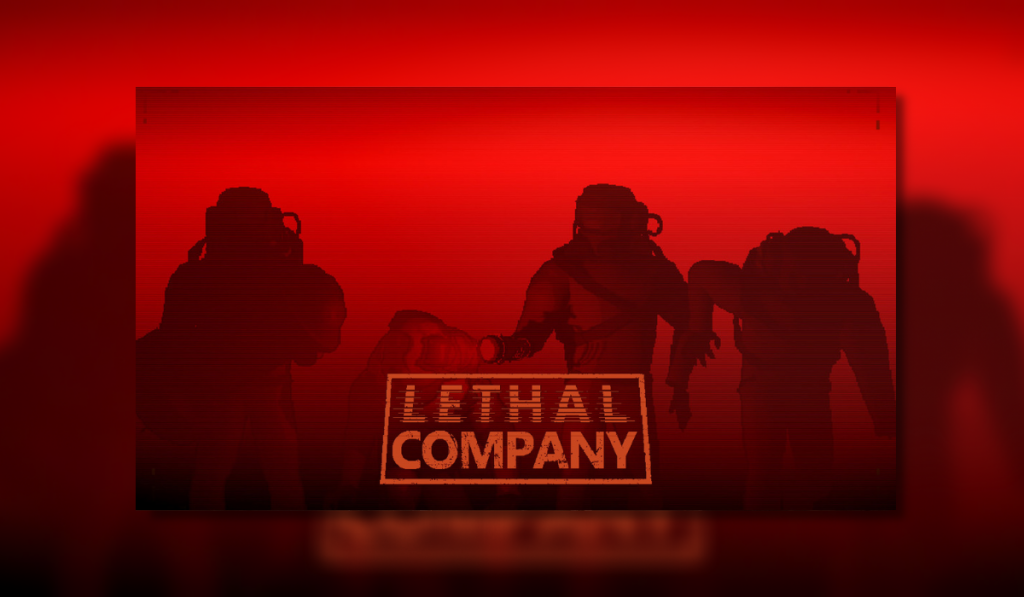 Red background with black silhouettes of people in hazmat suits. Text reads: Lethal Company