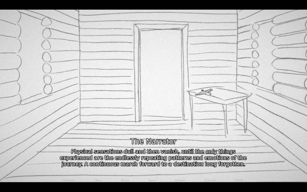 Very basic line art drawing of a wooden cabin with door in the center and a table with a knife on top