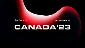 Black background with a red wisp. White text in the middle stating Indie Cup Canada '23 October 12-November 22