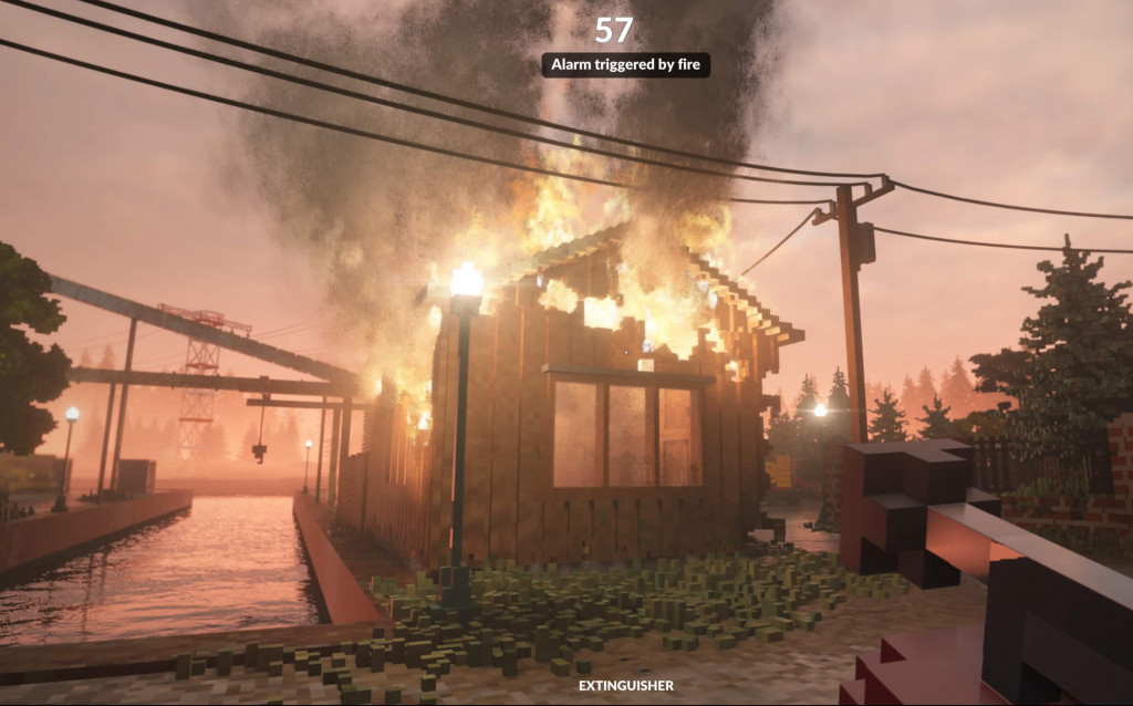 screenshot showing a brown wooden building on fire. It looks like sunset with an orange tinge to the sky. There are cranes and water beside and behind the building.