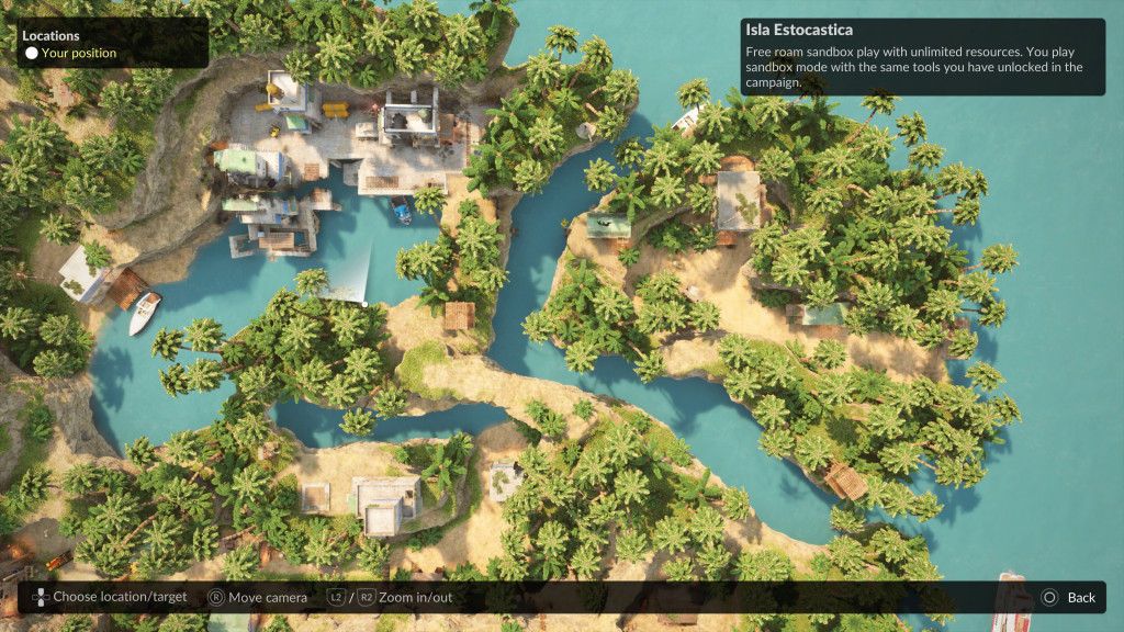 screenshot showing a top down map view of a sandbox island. Lush green palm trees, blue water and buildings create a topical haven.