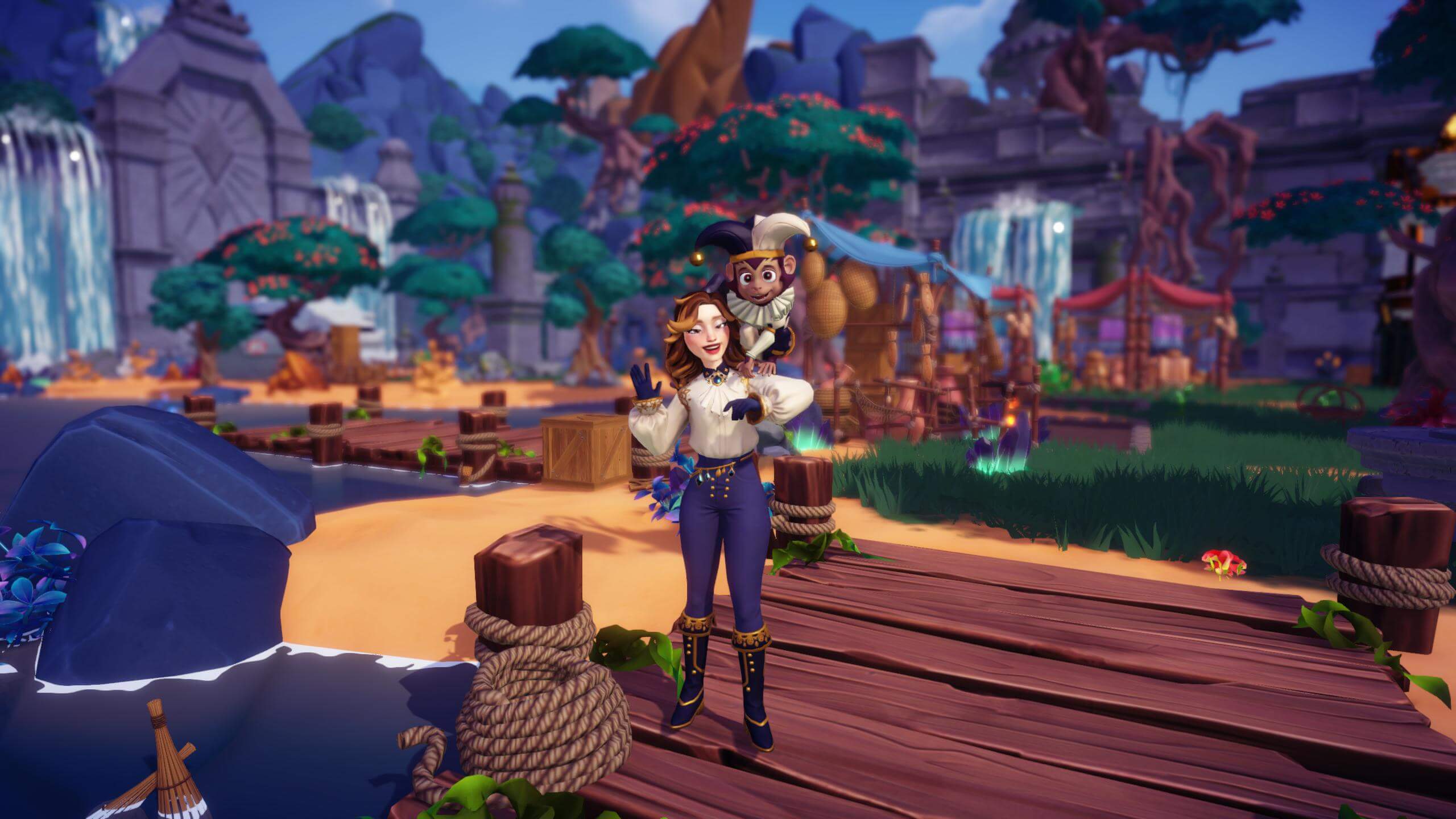 The playable character in Dreamlight Valley A Rift in Time. You can see the pet companion sitting on her shoulders dressed up a jester. The character stands in the entrance of Eternity Isle, where you can see water falls, market huts and greenery