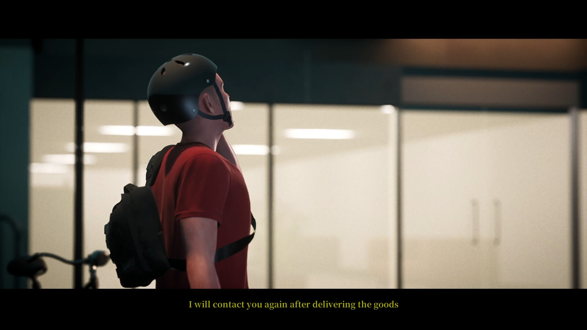 Our main protagonist standing outside the a building. He is wearing a bicycle Helmet and red t-shirt. The text below belongs to the main character and is coloured yellow.