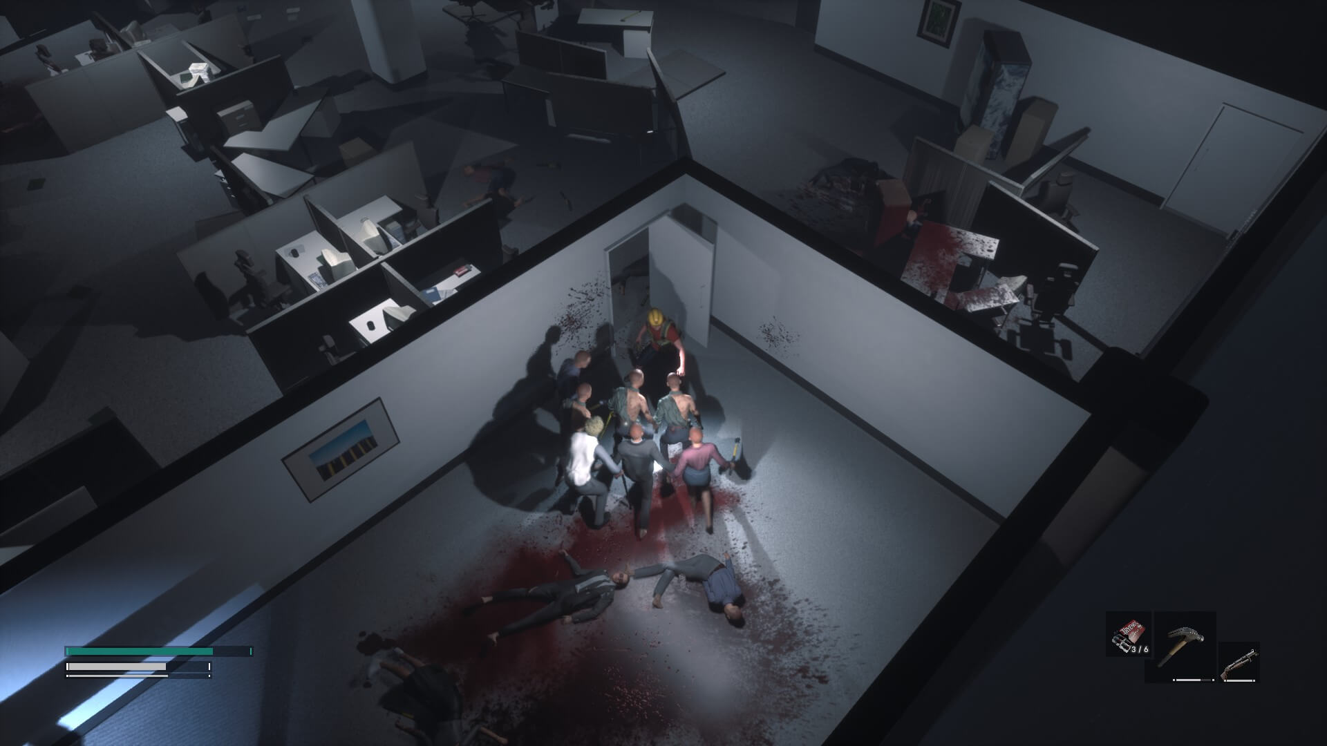 I have entered a room full of Infected. The main area is filled with desks and cubicles with some dead bodies laying around staining the floor with blood.