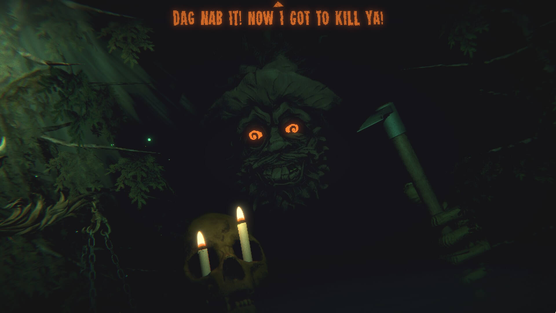 A man in a mask looking at the player with orange swirling eyes in a dark blue room with an eerie feeling to it.