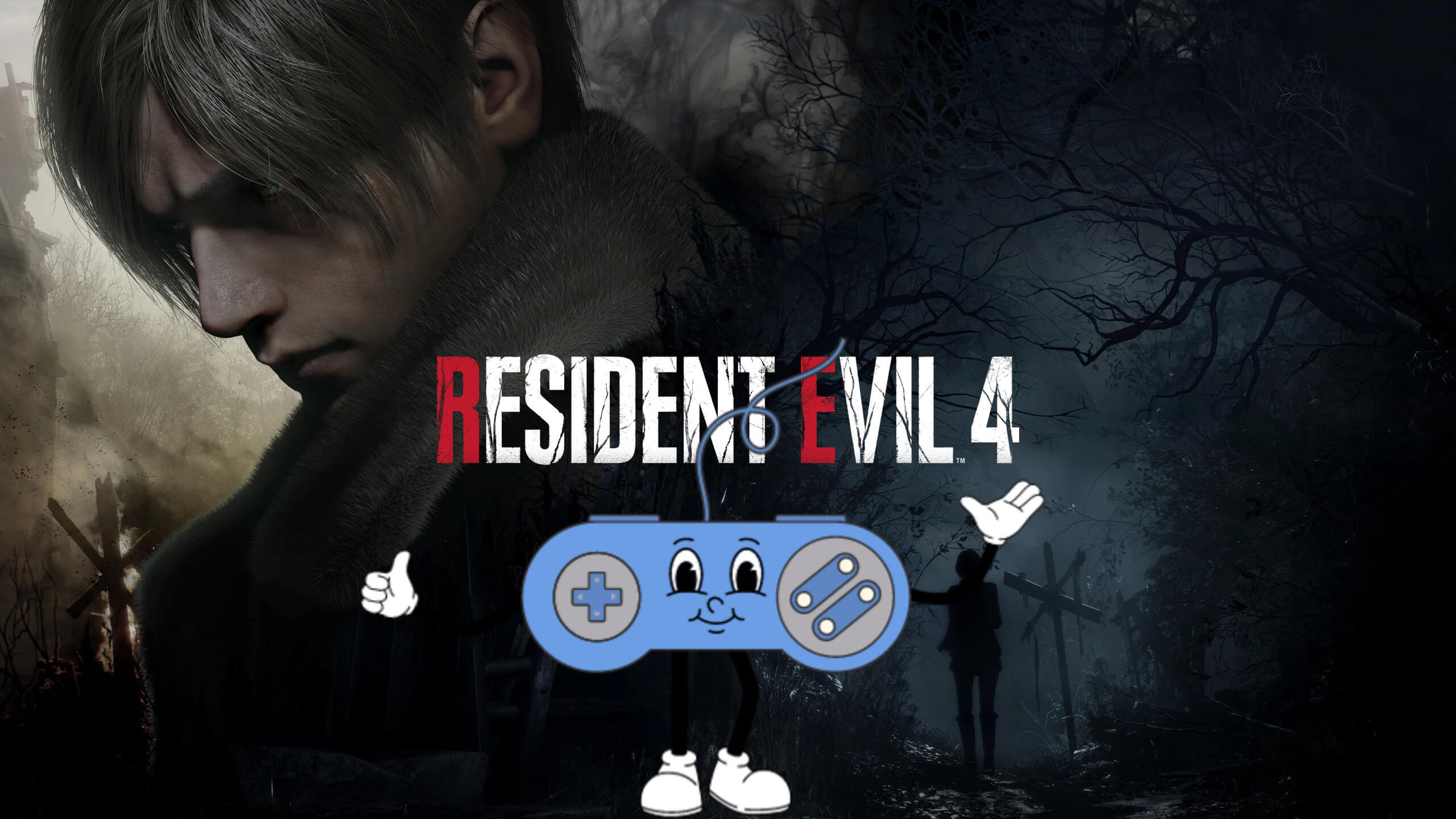 the cover art for resident evil 4 showing leon kennedy, the protaganist on the left side of the screen with the right side being the character you have to save, ashley walking in the woods. Paddy the thumb culture mascot, a blue controller with a happy face is giving the game a thumbs up.