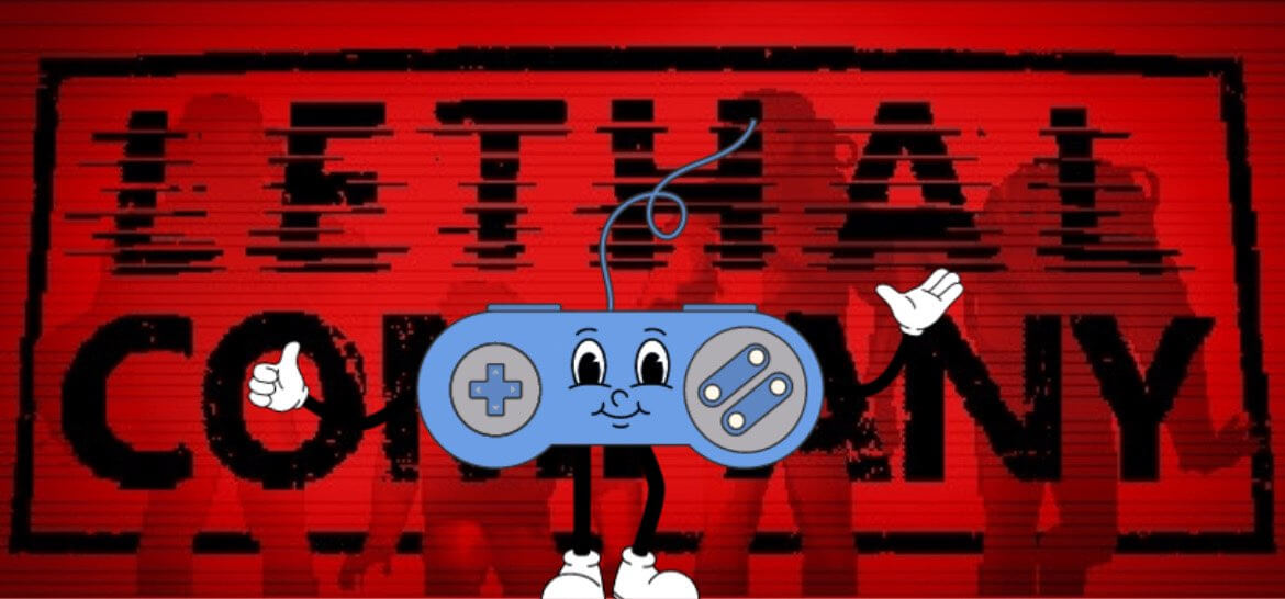 The text 'lethal company' with a red background, Paddy the thumb culture mascot, a blue controller with a happy face is giving the game a thumbs up.