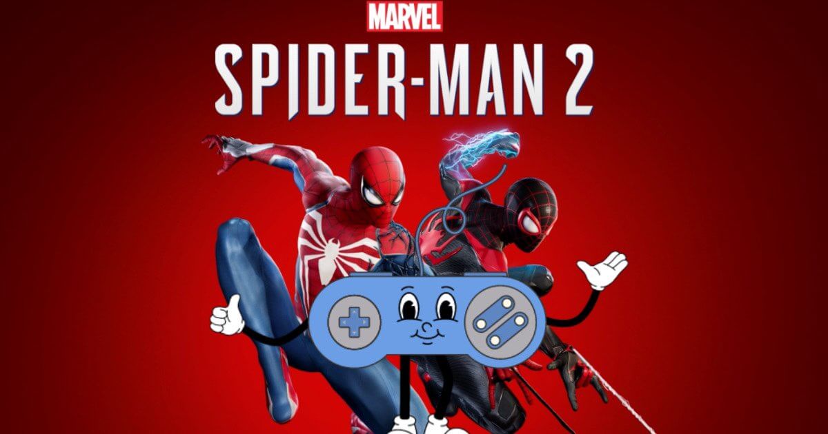 the cover art for spider-man 2 showing the main characters, peter and miles morales swinging next to each-other with a red background. Paddy the thumb culture mascot, a blue controller with a happy face is giving the game a thumbs up.