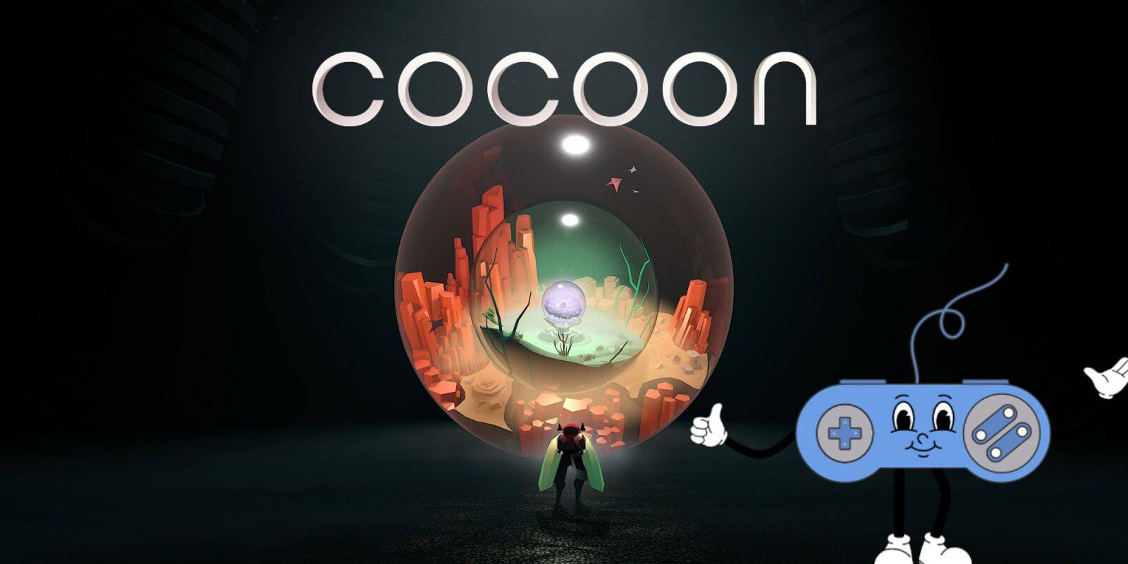 The cover art for the game cocoon showing a small character looking at a ball showing an environment inside of it. Paddy the thumb culture mascot, a blue controller with a happy face is giving the game a thumbs up.