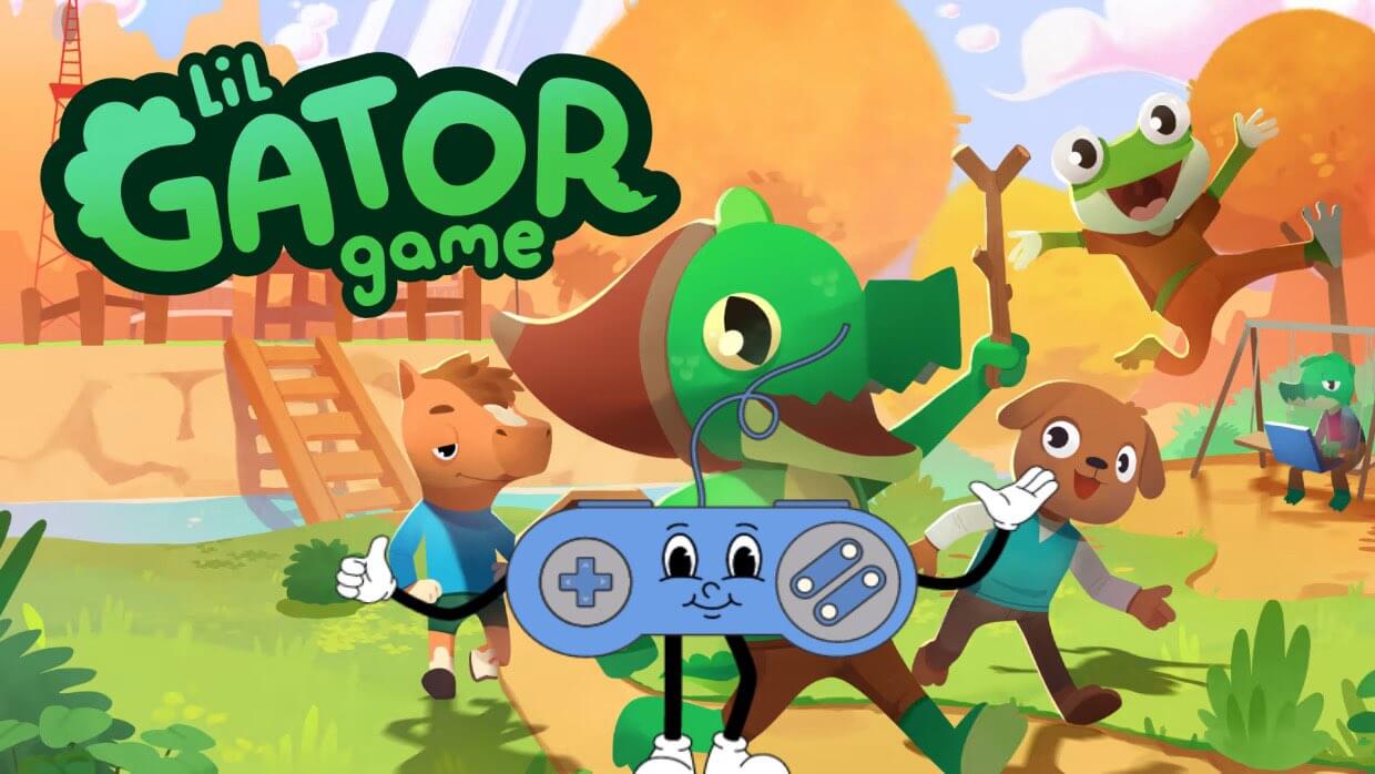 The cover art for lil gator game, showing the main character holding a stick as a sword with his friends in the background. Paddy the thumb culture mascot, a blue controller with a happy face is giving the game a thumbs up.