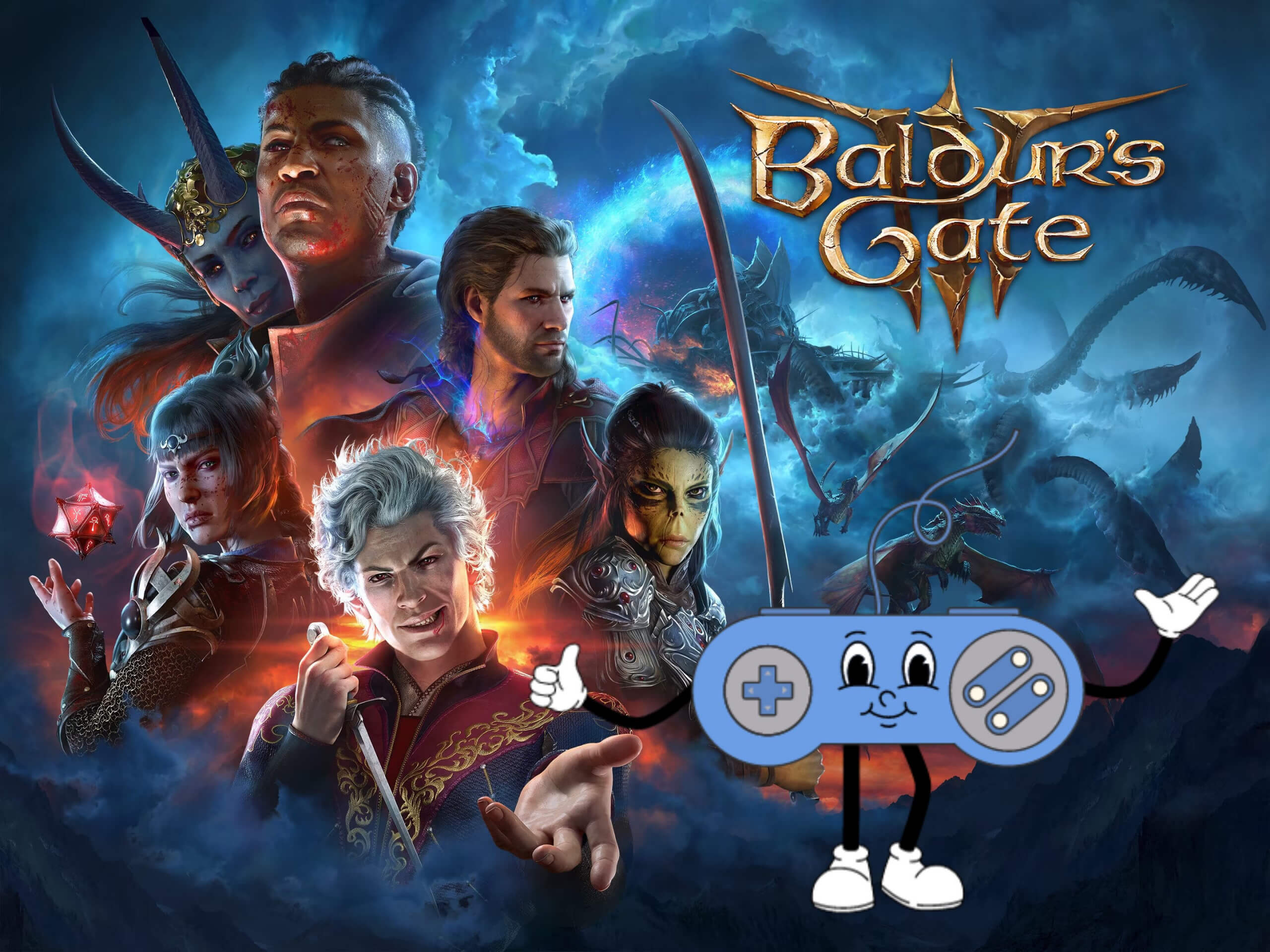 Cover art for the game, showing the cast of characters all together with the text 'baldurs gate 3' next to them. Paddy the thumb culture mascot, a blue controller with a happy face is giving the game a thumbs up.