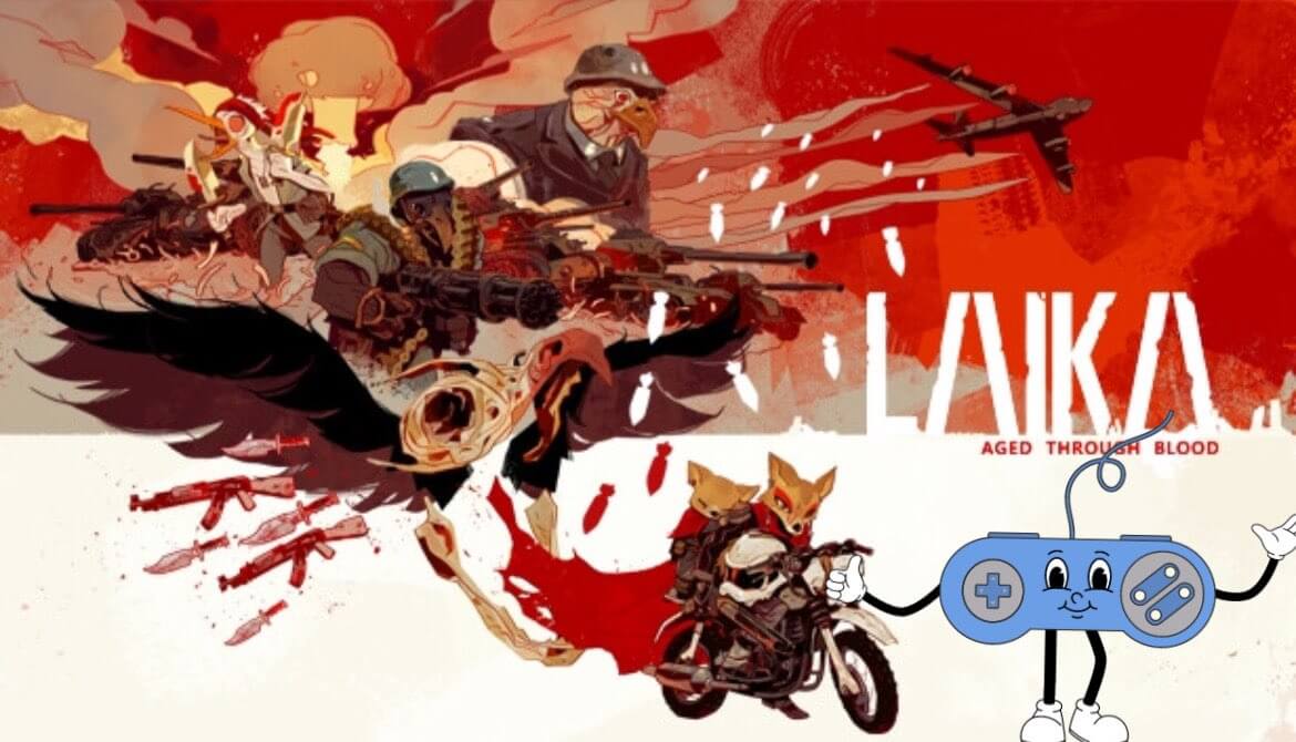 the cover art showing the main character and a child ride a bike away from bird-like enemies holding guns. Paddy the thumb culture mascot, a blue controller with a happy face is giving the game a thumbs up.