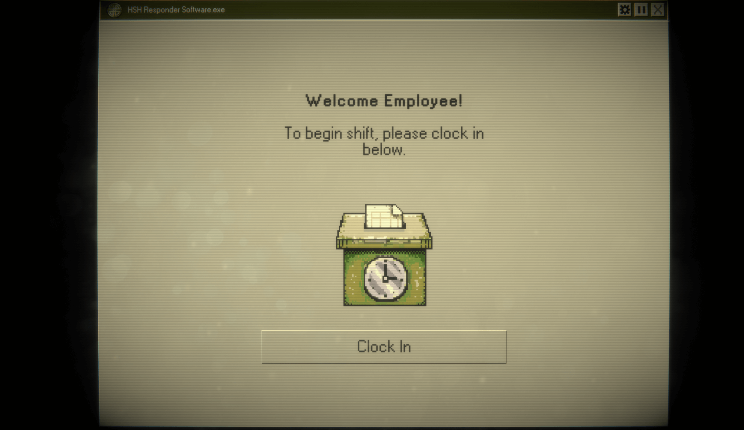 A screen showing the text clock in with a button and clock in timer.