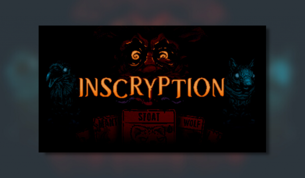 Inscryption title screen with the face of an old man with Orange glowing eyes and some cards in the front.