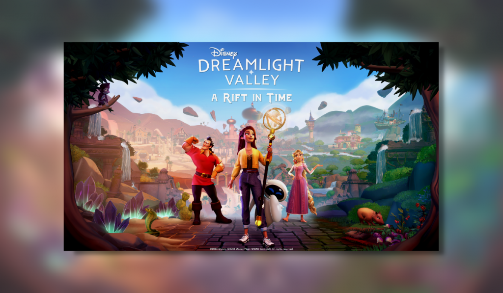 The key art for Disney Dreamlight Valley A Rift in Time DLC. You can see popular characters like Gustav, Rapunzel and EVE behind the main character player. There is a tan capybara. In the distance you can see various biomes from sandy dunes to wild jungles.