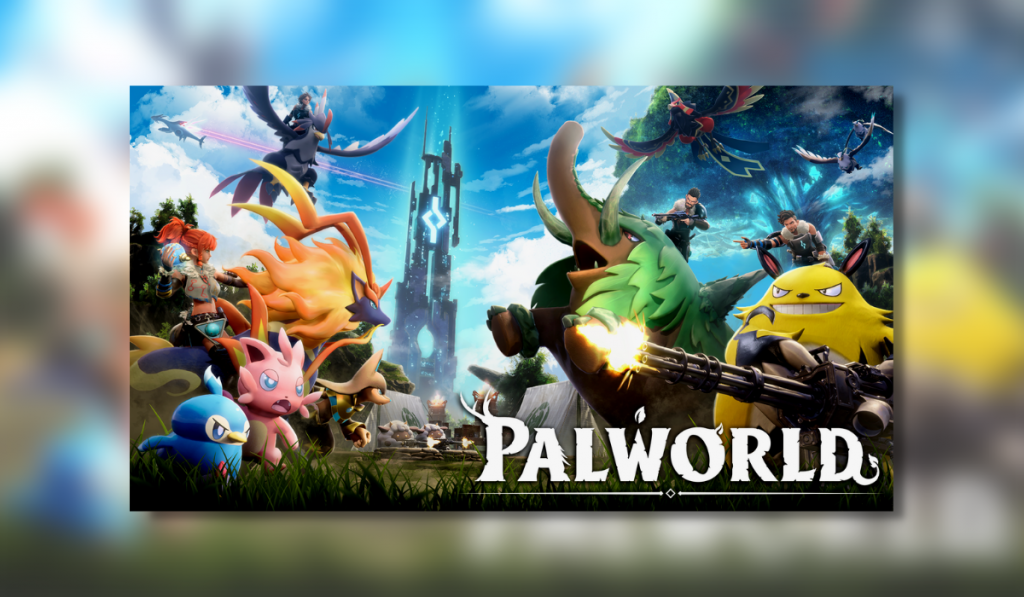 Palworld poster of Multiple pals facing each other with a large blue glowing tower in the middle with a light blue and green background.