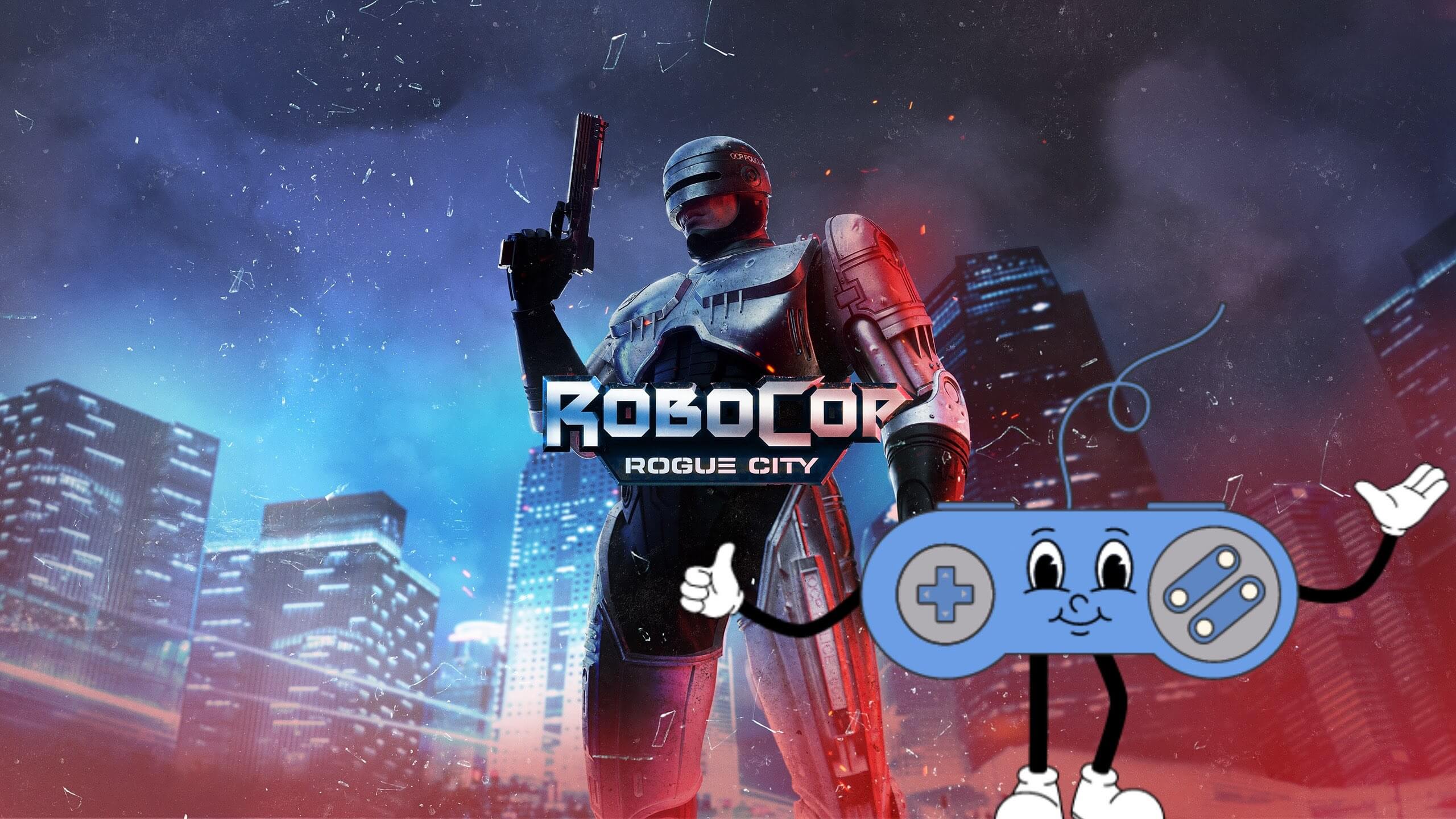 Cover art for the game showing robocop standing centered with buildings in the background, he is holding a gun. Paddy the thumb culture mascot, a blue controller with a happy face is giving the game a thumbs up.