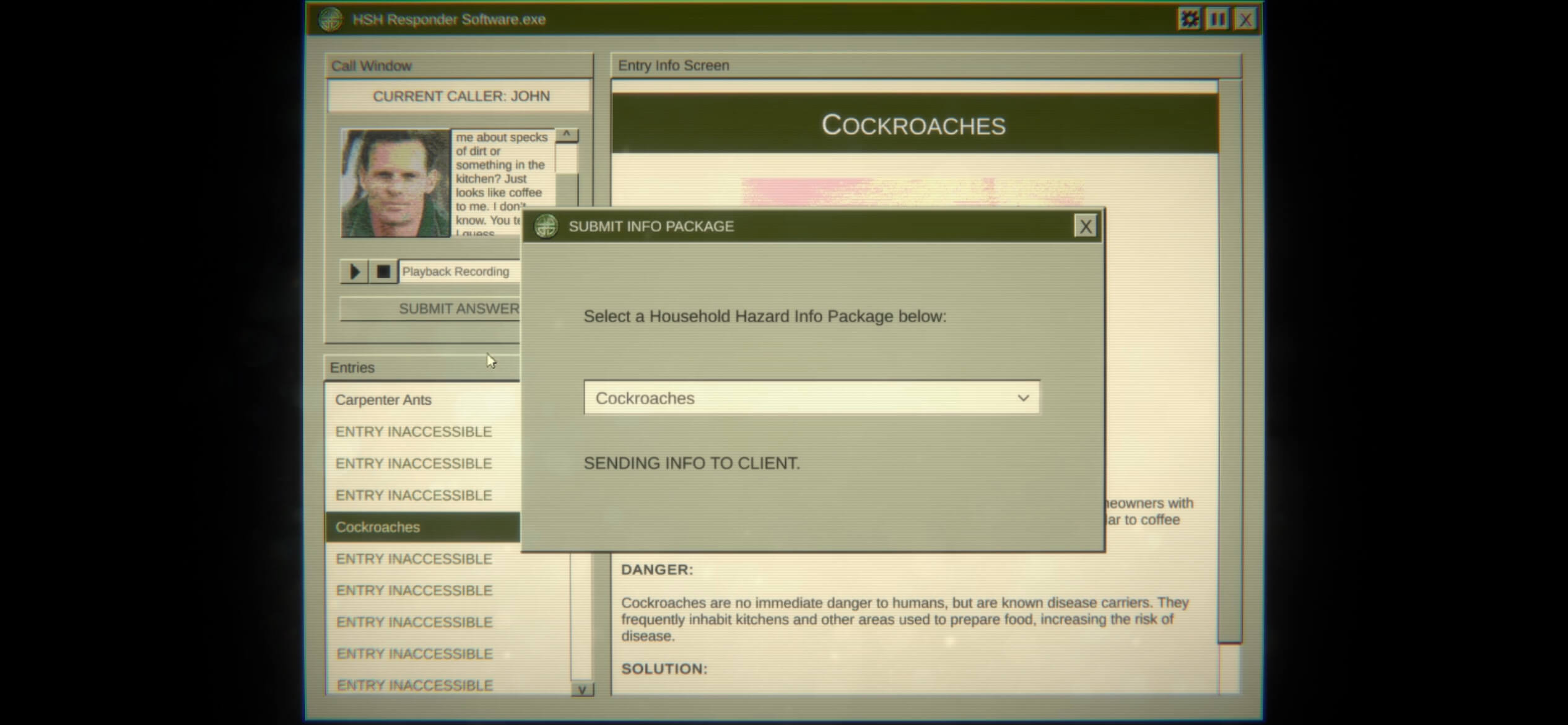 A screen showing the answer menu, the reviewer has selected the answer cockroaches for the callers problem.