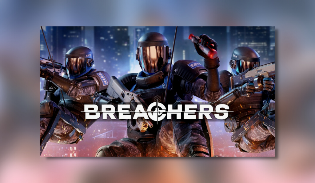 The cover art for the game 'breachers' showing text with the title and three rappelling characters.