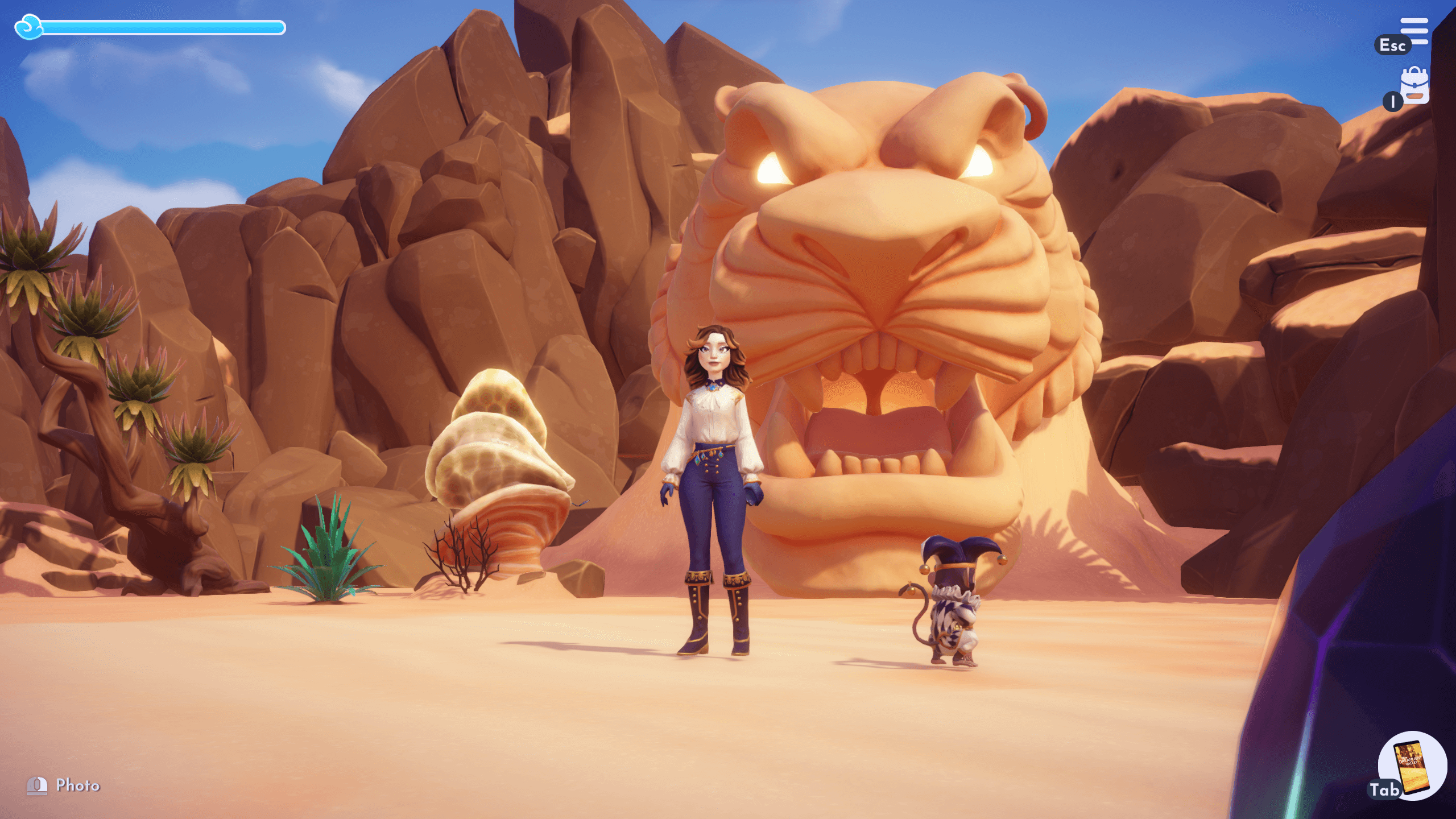 A screenshot of Disney Dreamlight Valley A Rift in Time. The character is wearing a cream shirt and blue trousers, with gilded gold accessories. They are placed in the sand biome with a large sand dune thats shaped into a tiger. 