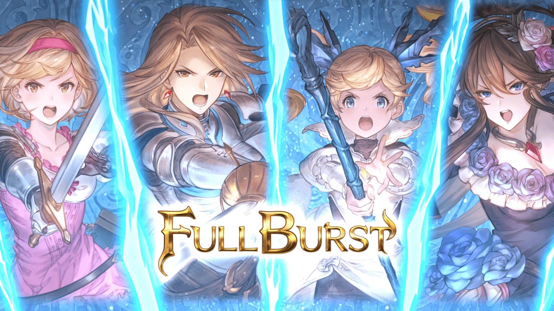 Four women uniting and using their full powers. A short hair blonde swordwoman, a long hair blonde woman knight, a twin tailed blonde girl sage and a long hair brunette with different shades of carnations sage.