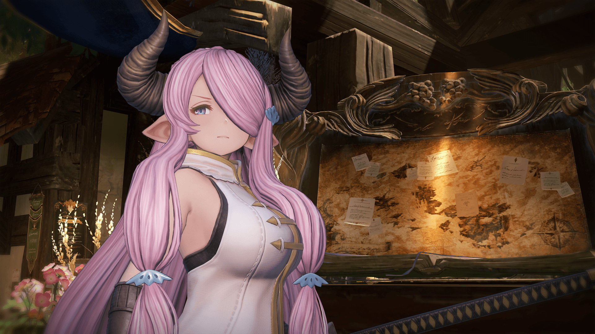 A pink long hair Draph Samurai woman lost in thought.
