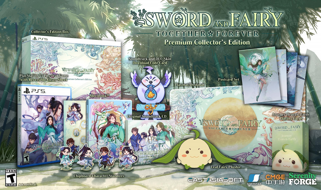 A render of the items included in the physical product for Sword and Fairy: Together Forever - Premium Collector's Edition by Serenity Forge. This includes the physical game, SteelBook, chipboard character standees, a soundtrack CD, plushie, playing cards, postcard set and deskmat.