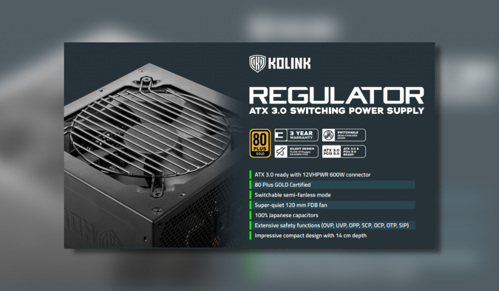 screenshot showing the kolink regulator psu. its black fan and grille are facing upwards while the text on the right lists out its features.