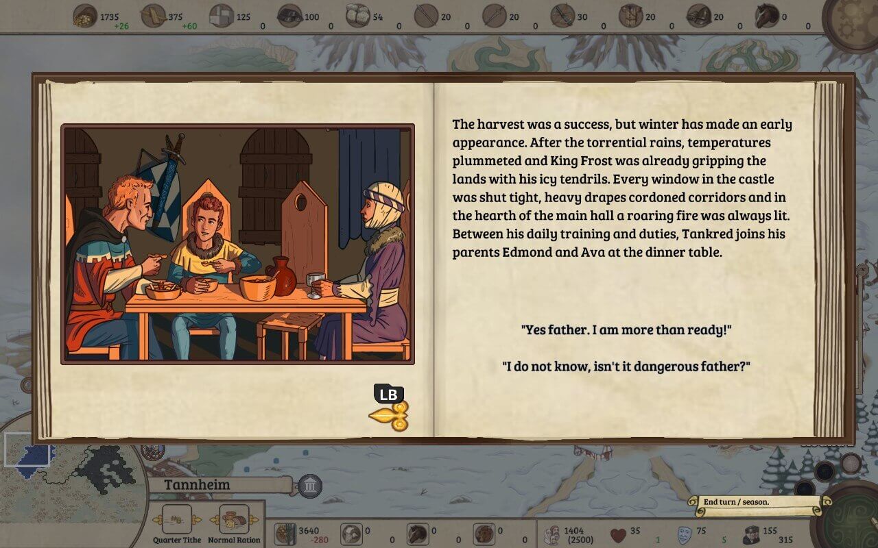 Storybook from the story mode of Rising Lords. To the left is an image of Tankred with his family at the dinner table, the left is the written lore
