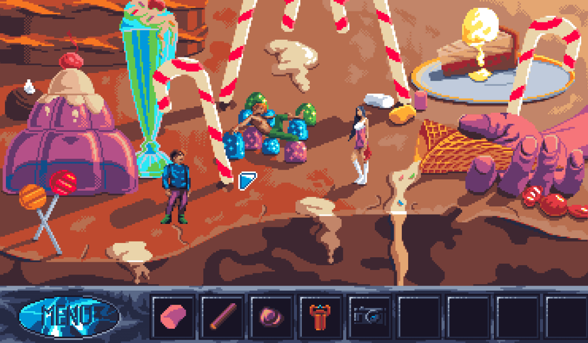 A pixel art scene depicting a land of sweets and desserts. A giant jelly and ice-cream sundae stand to the left and a piece of pie and a hand holding a melted ice-cream cone lies to the right. Candy canes stick out of the floor at various angles. A shirtless man lounges on a pile of sweets while a woman in a white and pink dress stands beside him. A young man in a blue shirt stands in front the sundae. An inventory grid is at the bottom of the screen with various items in the slots.