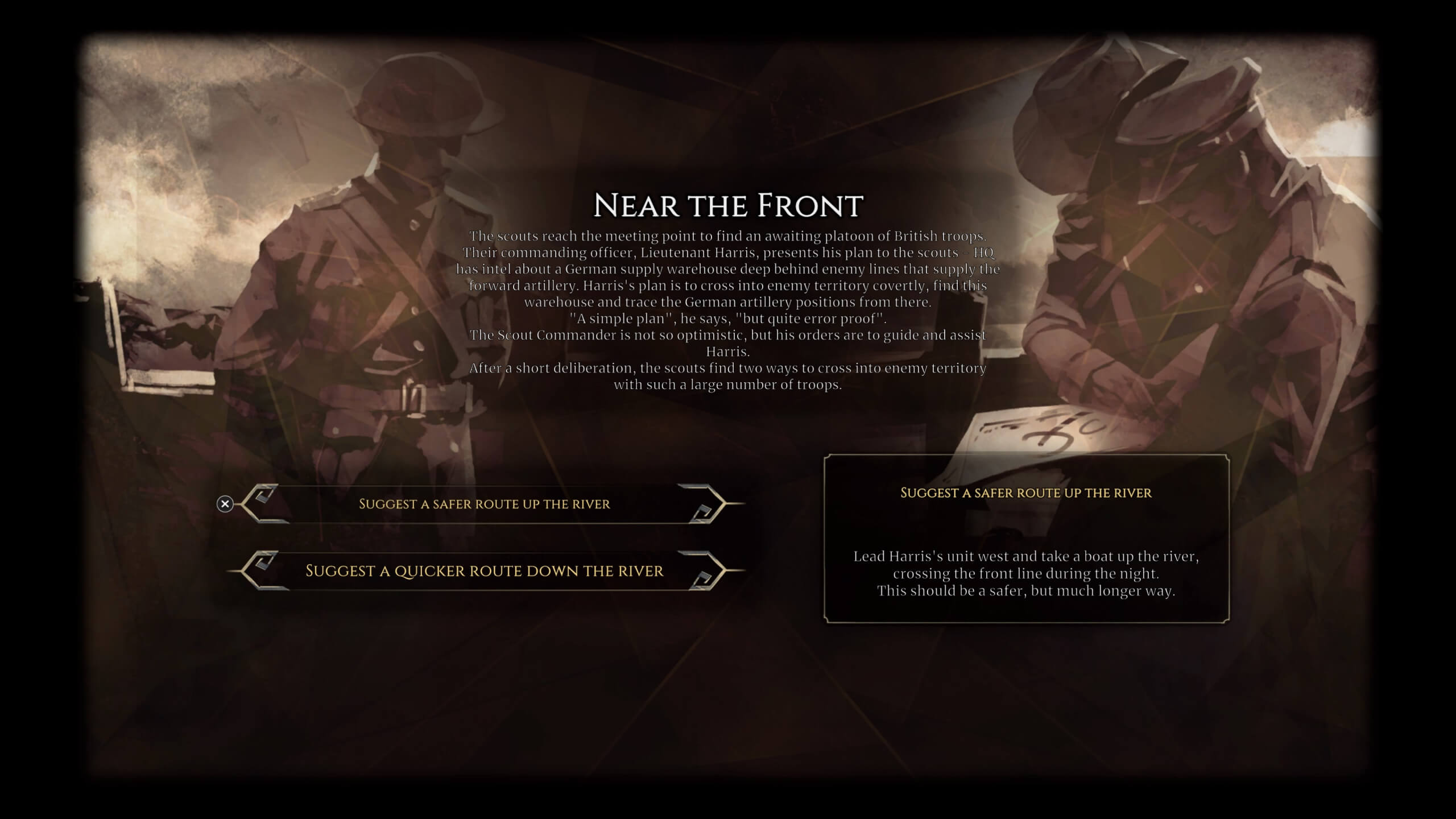 An event card with a group of soldiers as the background. The card is asking the player if they want their scouts to take a safe route or a quick route to their desitination.