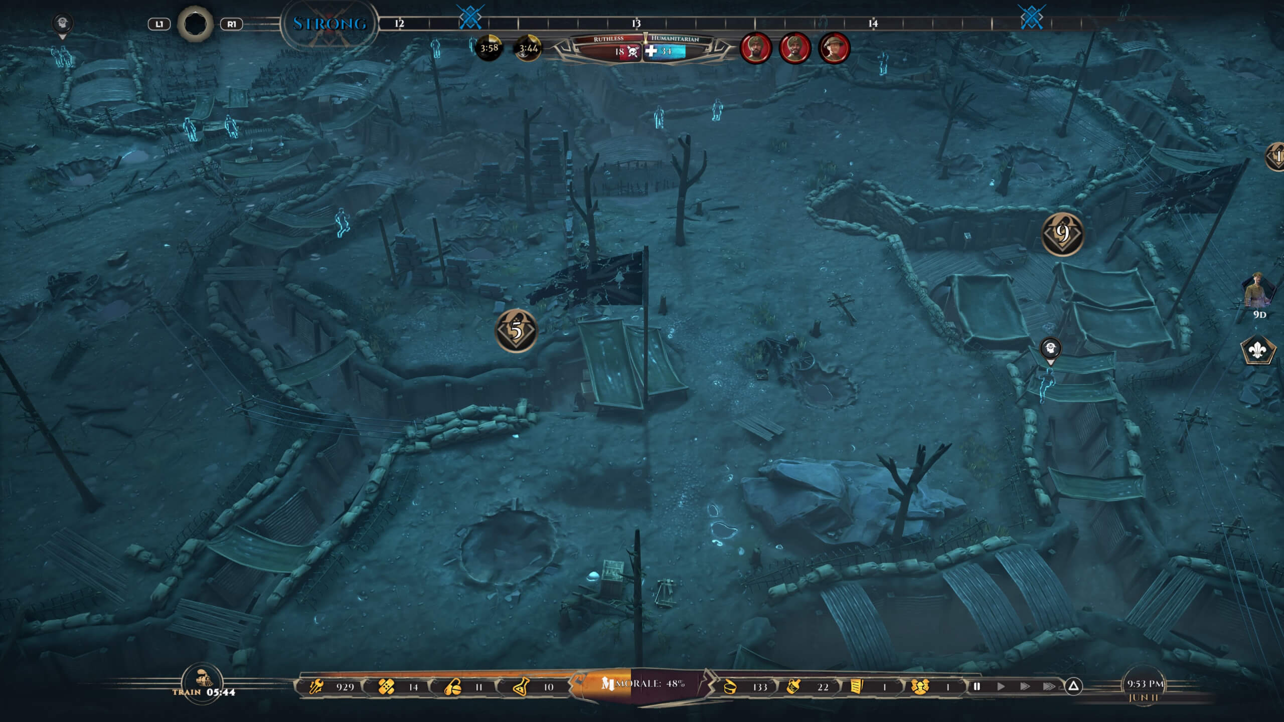 I've taken a shot of the trenches in the game. The helmet symbol shows how many soldiers are stationed there.