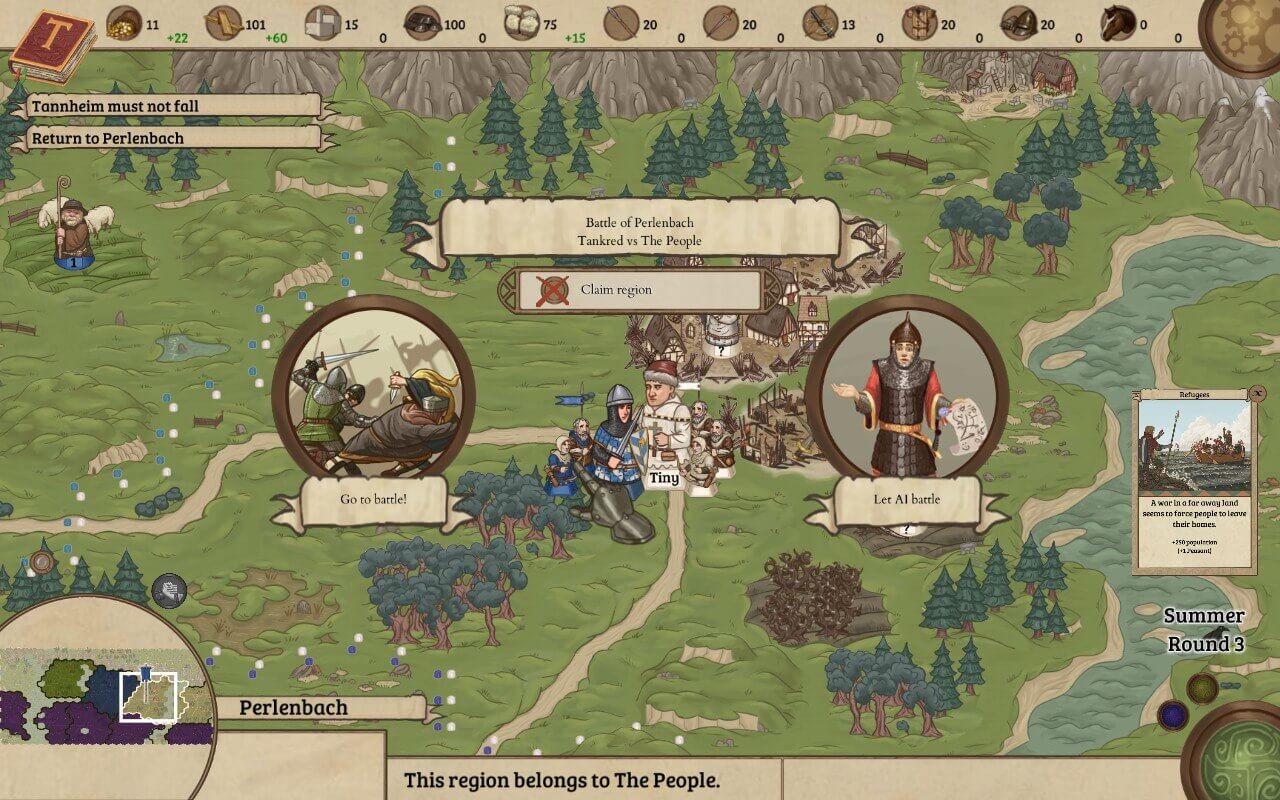 Rising Lords selection of whether to do a manual battle or chose the Ai to do it with imagery of a battle on one hand and a confused soldier on the other
