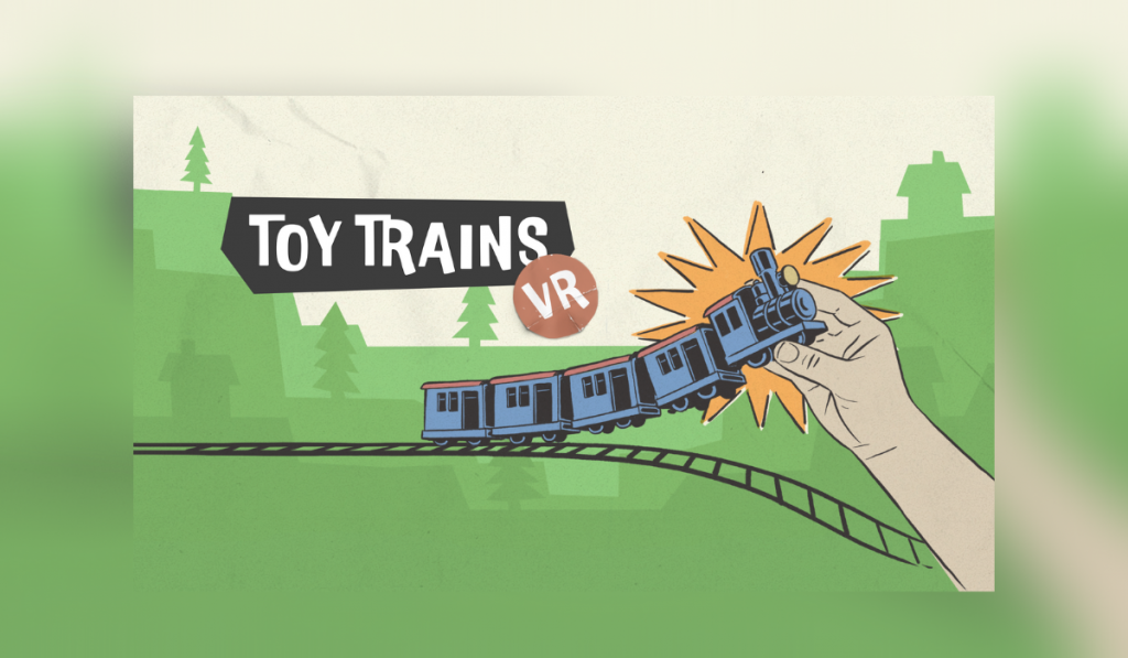 Key art for Toy Trains VR. Text reads "Toy Trains VR". Green foliage lines the background. A strip of rail goes from left to right. A hand is picking up a blue toy train.