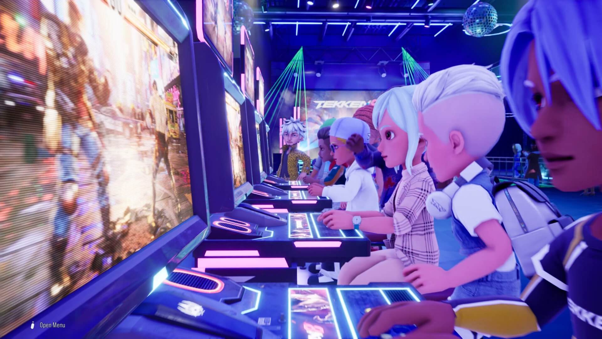 Various avatars playing Tekken 8 on arcade machines in a huge arcade.