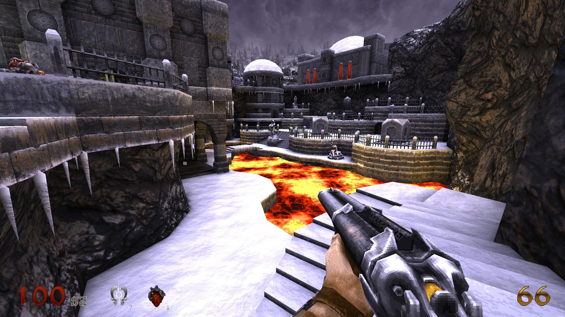 A screenshot shows two castles with a river of lava splitting them. I am currently holding a shotgun and the HUD displays my health.