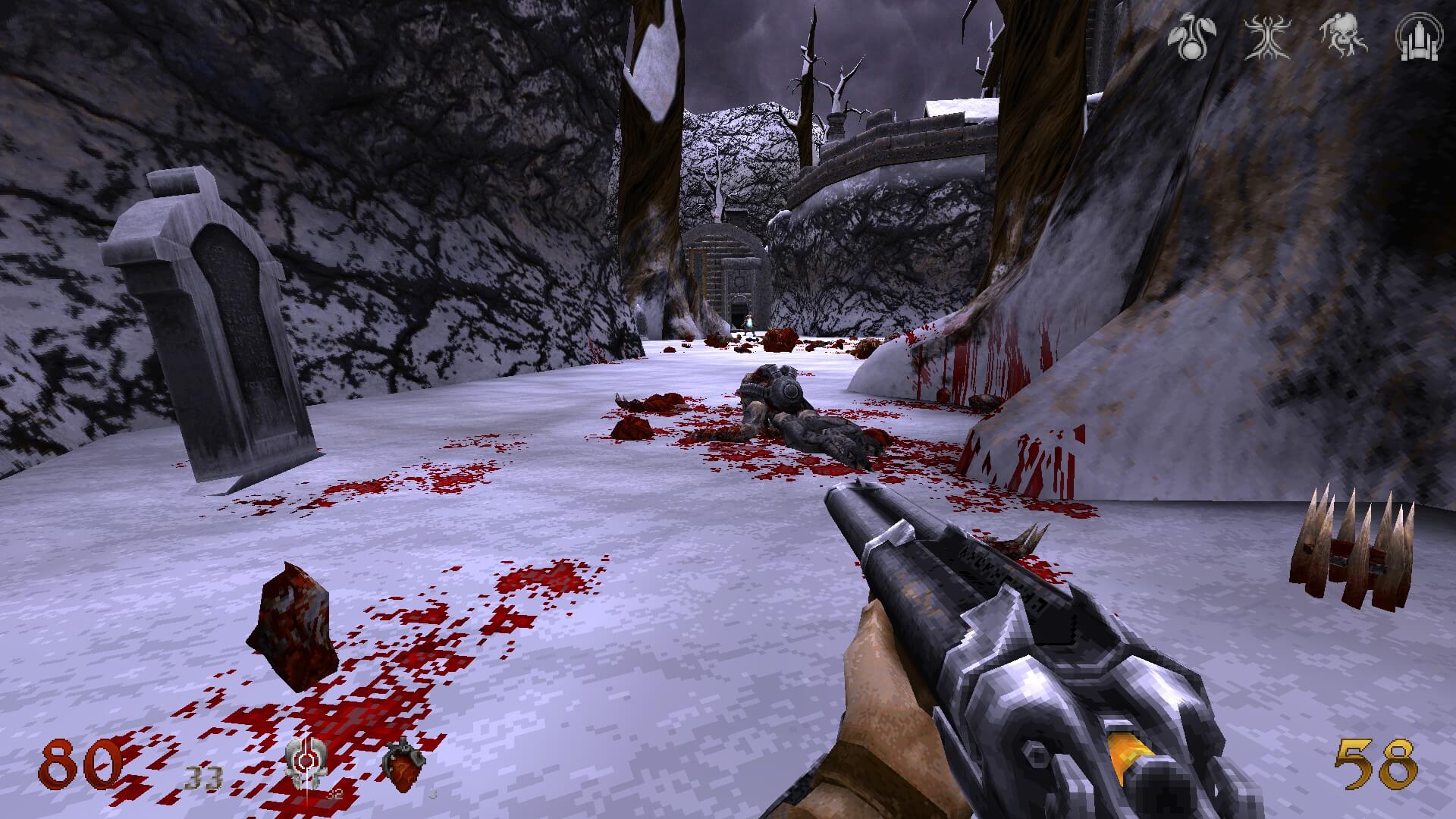 Blood has been splattered on the snow with the body not too far away. Ammo for a gun is shown on the right of my screen with a tombstone to the left.