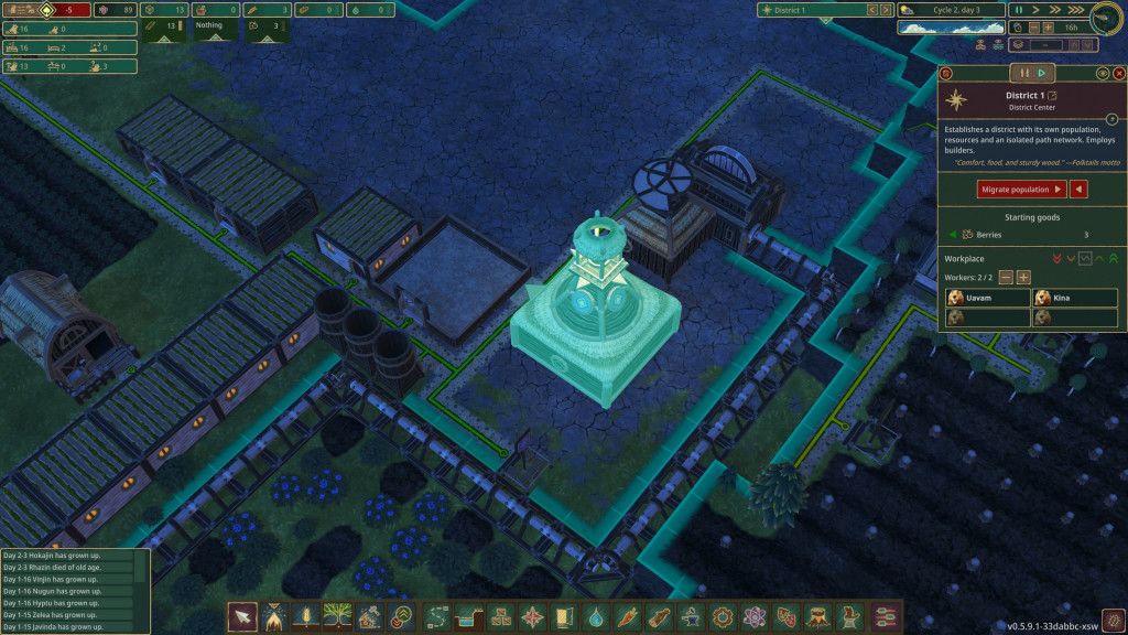 screenshot showing the game world at night. small square buildings are present with light shining through the windows showing the beavers are at home. grey paths connect the village together. Highlighted in light blue is the district center with information windows beside it.