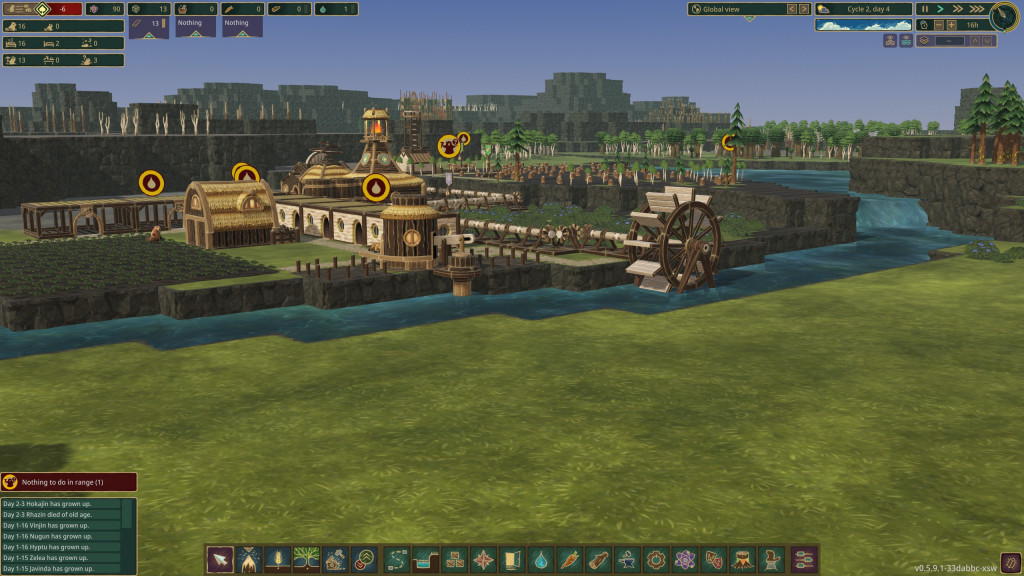 screenshot showing a view of the village from down low in the world. Lush green grass fields are separated by a blue river. My village can be seen comprising of wooden structures with a large wooden water wheel that's slowly producing electricity.