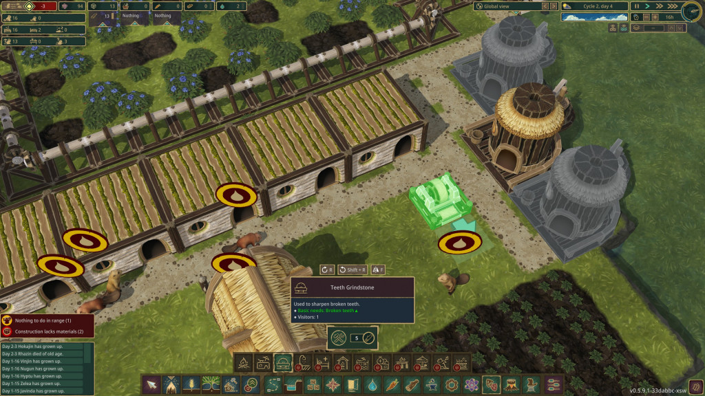 screenshot showing a view looking down at the village. In green is a Grinding wheel that I am adding for the beaver's teeth. There are other buildings, such as water wells, in grey that are waiting to be constructed.