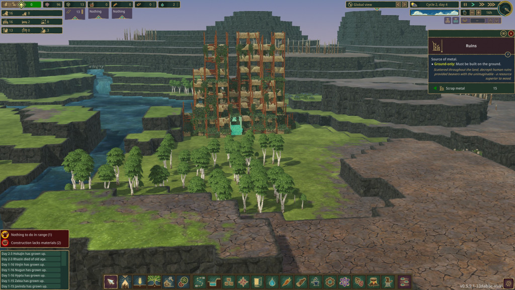 screenshot showing tall ruins that are locate within the maps. It is of a brown wooden construction and rises like a tower block. It has green foliage growing from it and has no front or back. Around it are green trees, a blue river as well as infertile cracked dry soil.