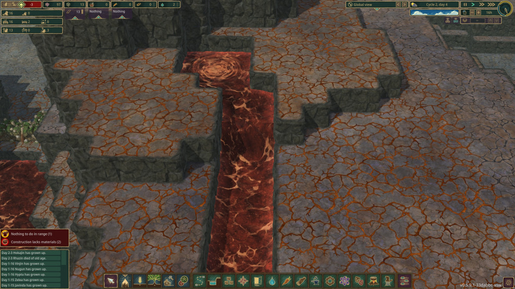 screenshot showing a bad tide source. It is a brown river that brings harm to your water, land and beavers. The desolate land around it is cracked and is a browny orange colour, indicating it is toxic. 