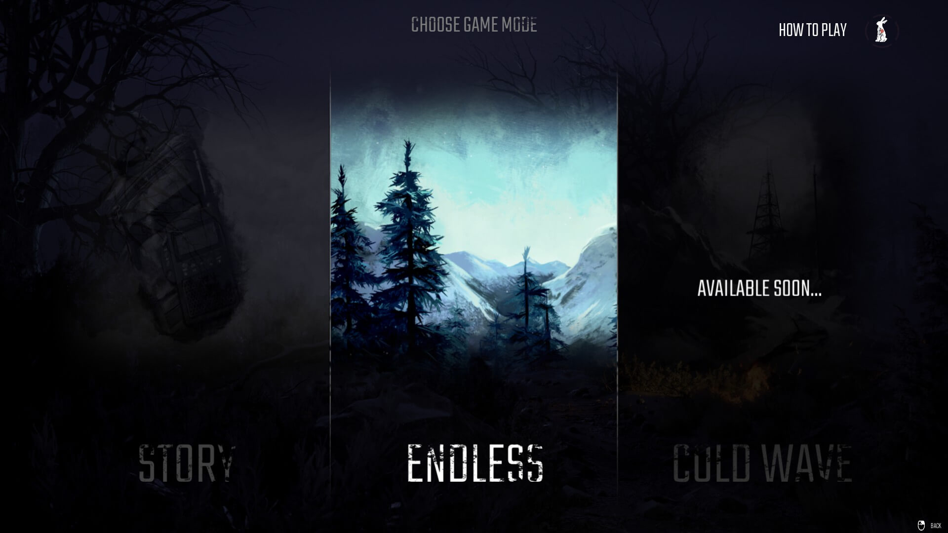 The menu with the three modes found in-game. They each have an image but the centre one is highlighted. The far right is not out and currently says "available soon".
