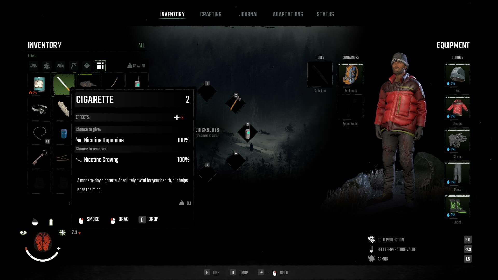 On the inventory screen, here the cigarette is highlighted and a text box displays effects. on the right is the player's character and clothing stats.