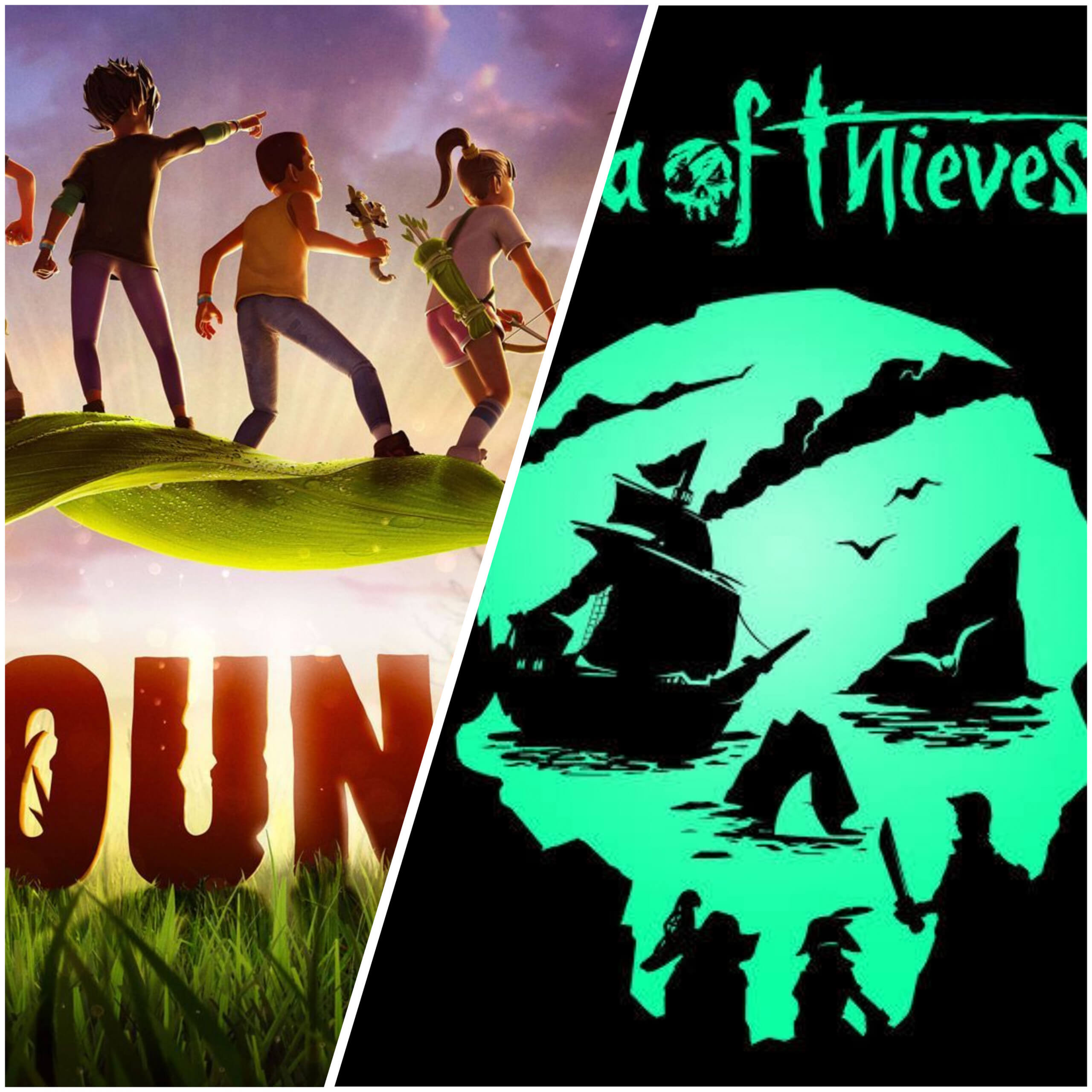 The cover art for grounded and sea of thieves next to eachother, grounded showing 4 kids standing on a leaf, showing they shrunk. Sea of thieves being a skull with pirate ships representing the eyes.