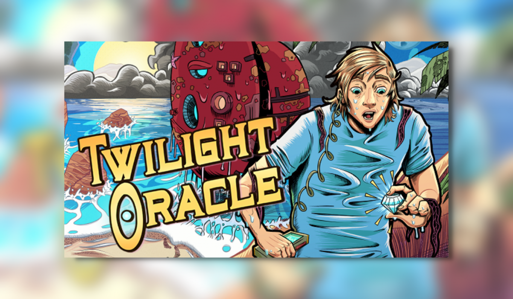 The splash image for Twilight Oracle. A comic book-style scene shows a a sandy beach with storm clouds on the horizon. A red, round ancient machine rises out of the sea. The game title in yellow capitals is to the left and to the right a young man in a blue t-shirt stands dripping wet, looking in awe at a diamond he is holding.