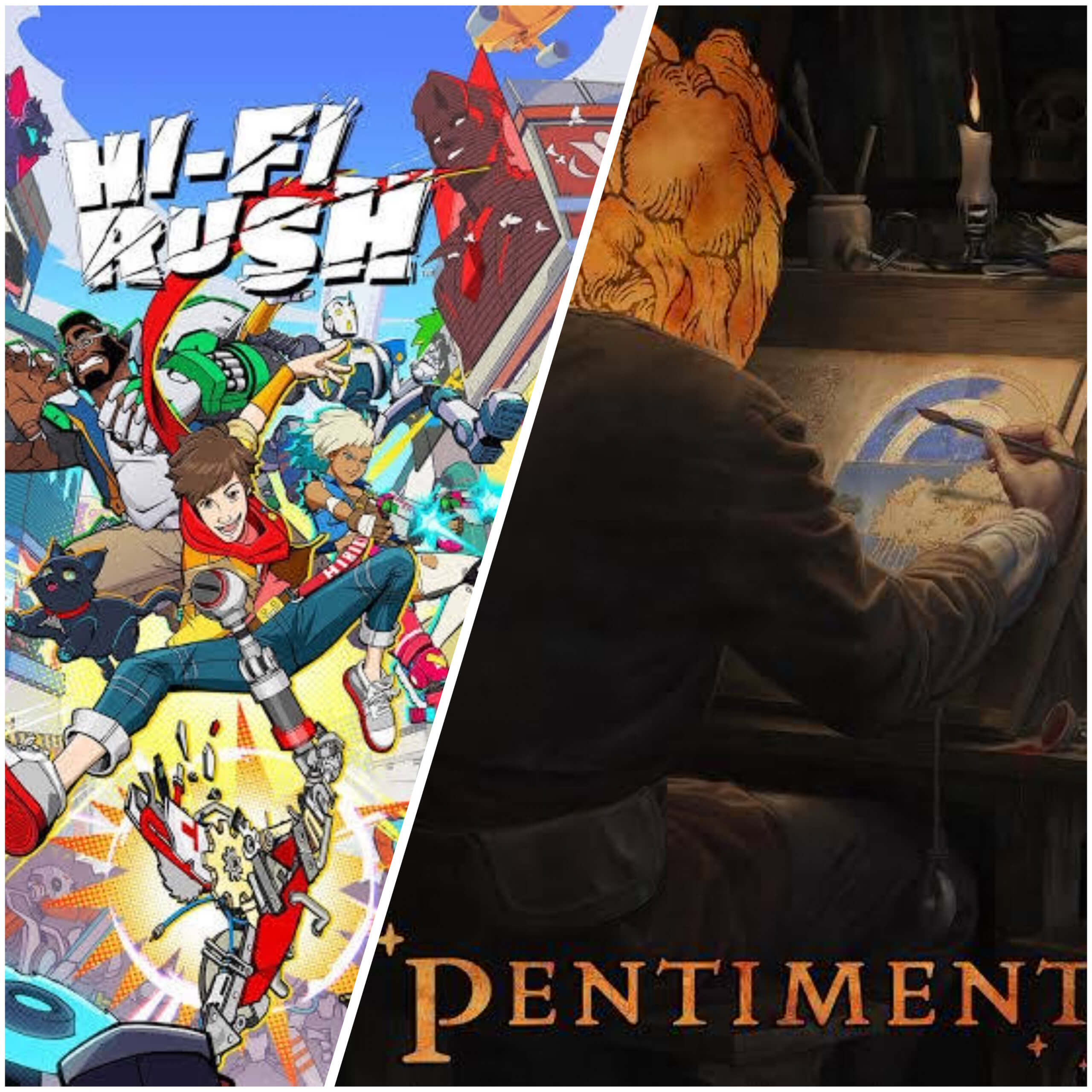 The cover arts for hi-fi rush and pentiment. Both showing their titles and characters in the games.