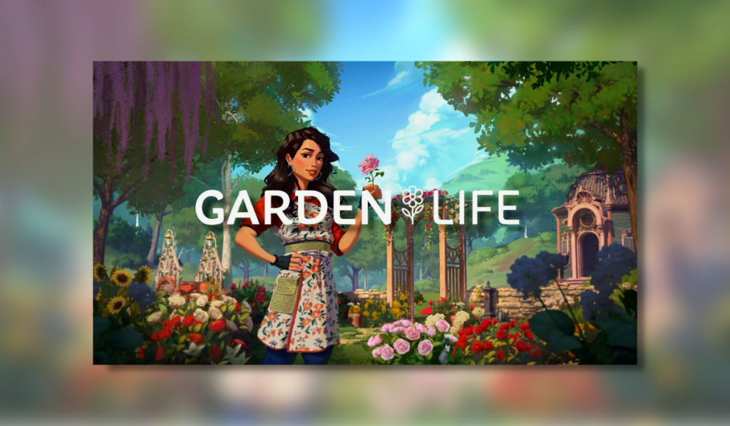 garden live image showing the character in front of a number of flowers with a blue sky.